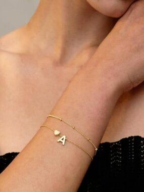 DEARMAY 14K Gold Plated Initial Heart Bracelet Women